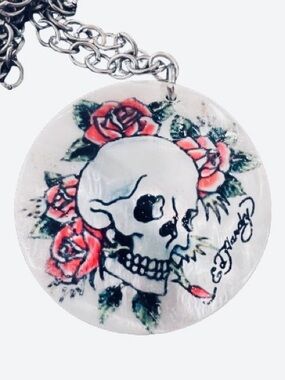 Ed Hardy Skull Rose Pendant Necklace Y2K Tattoo Goth Chunky Chain Statement